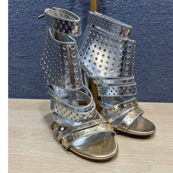 Jimmy Choo Silver Foil Leather Malika Perforated Sandals Size 36.5 - Picture 7 of 17
